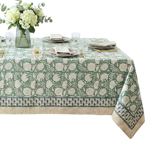 ATOSII Jade 100% Cotton Boho Rectangle Summer Tablecloth, Block Print Floral Table Cloth Linen for Dining, Parties, Weddings, Outdoors Table Decor I 60 X 90 Inches I 6 Seater I