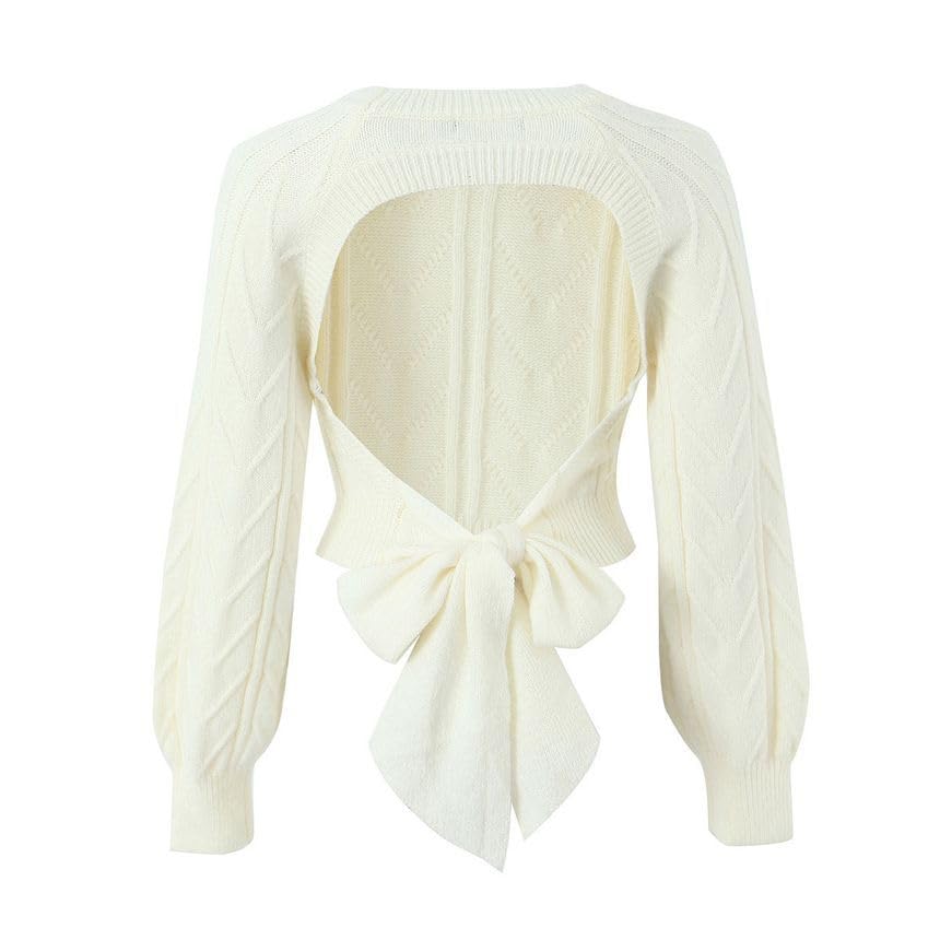 Image of Woman Sexy Open Back Cable Knit Sweater Casual Long Sleeve Knit Crop Tops Fall Crew Neck Tie Up Back Pullover (White, L)