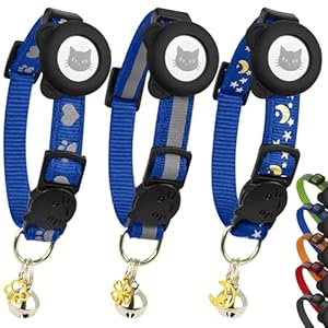 Cat Collar with AirTag Holders, 3-Pack, Reflective Breakaway Safety Collars, Bells and Matching Charms, Adjustable, Paw Hearts, Moon Stars Design, Lucky Charm, Blue