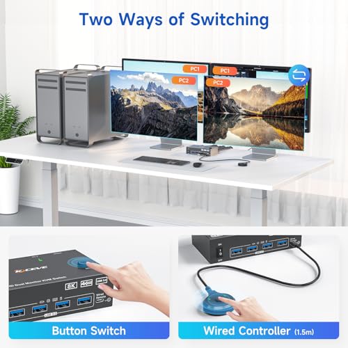 Image of HDMI+2 DisplayPort KVM Switch 3 Monitors 2 Computers 8K@60Hz 4K@144Hz, Triple Monitor KVM Switch with 4 USB3.0 Port for Keyboard Mouse Printer, 1*HDMI+2*DP+2*USB Cables and Wired Controller Included