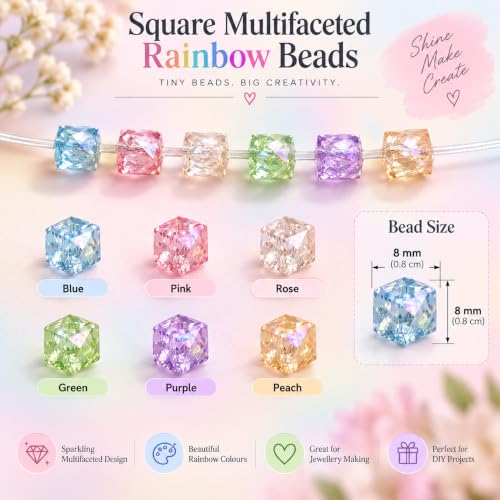 Image of 500 Pcs Square Rainbow Crystal Beads for Jewellery Making Kit - Beads for Bracelet Making Kit - Bead Craft - Acrylic - Multicolour - 120g, 8mm
