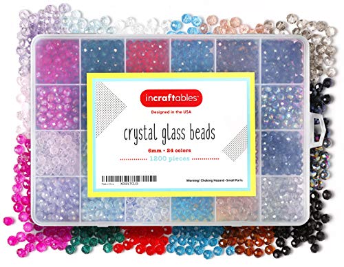 Incraftables Crystal Glass Beads 24 Colors 1200pcs Kit for Jewelry Making, Hair Accessories, & DIY Bracelets. Large 6mm Briolette Rondelle Assorted Crafting Bead with Elastic String for Kids & Adults