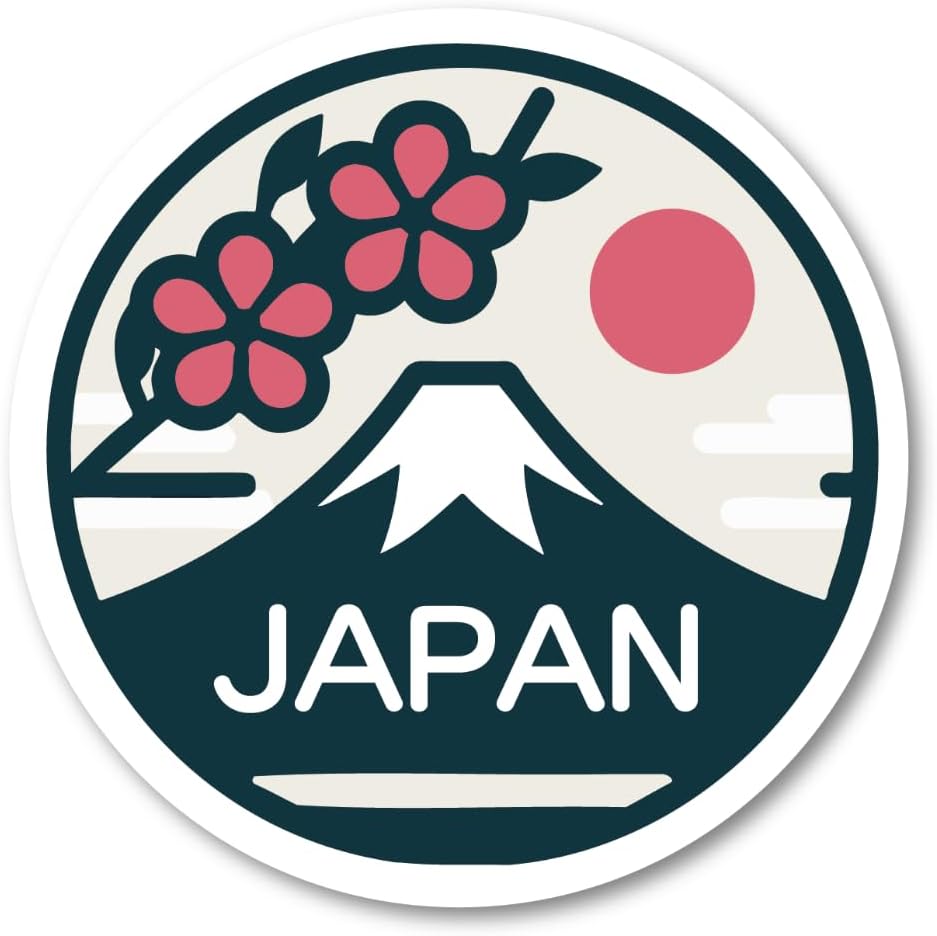 Japan Travel Sticker Round Vinyl Decal Mount Fuji Sakura Rising Sun Waterproof for Car Tablet Water Bottle Suitcase - Fuji Sakura Retro 3.86 inches