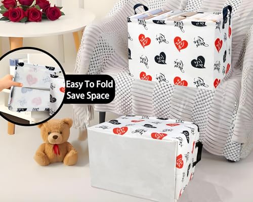 Image of Large Valentine's Day Basket Heart Shaped Storage Bin for Gifts Collapsible Organizer Room Decor (Red Black Love You)