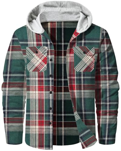 Image of Cromoncent Men Flannel Hoodie Plaid Button Down Jacket Long Sleeve Shirts