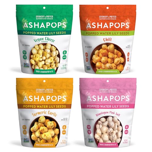 AshaPops Variety Pack Popped Water Lily Seeds - Gluten Free | Vegan | Paleo | Kosher OU| Soy Free | 1 oz | (Pack of 4 Bags)