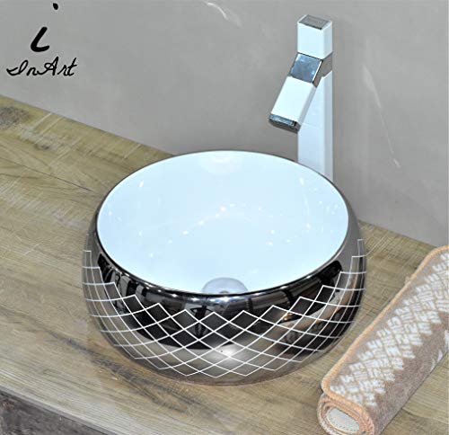 Image of InArt Designer table top wash basin for bathroom /bathroom sink /cabinet wash basin /ceramic basin /counter top basin /vanity washbasin in Round Shape Silver White 16 x 16 x 6 Inch