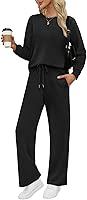 WIHOLL Women's 2-Piece Lounge Set: Crew Neck Sweatsuit with Wide Leg Pants for Fall Travel & Vacation Outfits