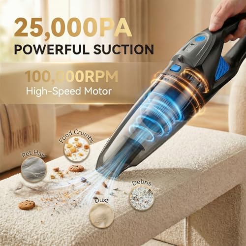 Image of Handheld Vacuum Cordless, 25000Pa Powerful Suction Car Vacuum Portable Cordless with 8000mAh Battery & LED Light, Hand Held Vacuum Rechargeable with HEPA Filters, Home, Car Seats, Pet Hair Blue