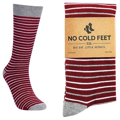 No Cold Feet Fun Colorful Novelty Socks for Men for Dress Casual Formal Groomsmen Wedding, Burgundy and White Stripes