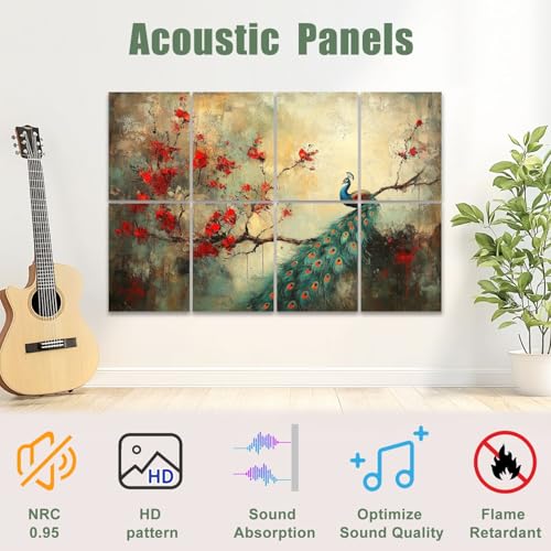 8 Pack Paneles Acústicos Artísticos Absorbentes de Sonido con Diseño de Plumas de Pavo Real y Flores de Cerezo Modernas, Auto adhesivos 48"x32" miniatura 3