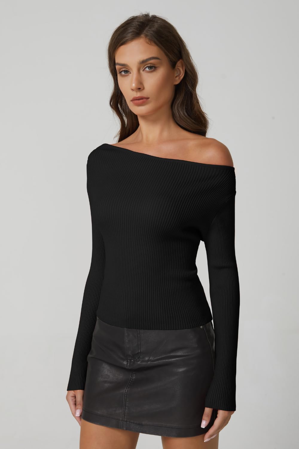 QINSEN Womens Asymmetrical Neck Sweater Slim Fit Long Sleeve Knit Pullover Top - Image 4