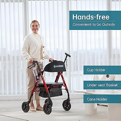 ELENKER All-Terrain Rollator Walker with 8 Non-Pneumatic Wheels, Sponge Padded Seat and Backrest, Fully Adjustment Frame for Seniors,Red
