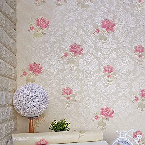 Wolpin Wall Stickers Wallpaper for Bedroom Roses (45 x 500 cm) Peony Damask Valentine's Day Decor Love Self Adhesive, Beige