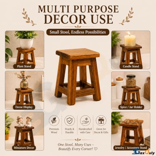 Image of Teakwood Mini Wooden Stool Plant Stand, Small 9.5cm Decorative Pedestal Risers, Handcrafted Teak Wood Candle & Accessory Display Holder for Tabletop Home Decor (Brown, 1pc)