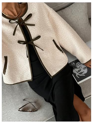 MakeMeChic Women's Fuzzy Fleece Bow Knot Coat Teddy Warm Outerwear Sherpa Jacket4