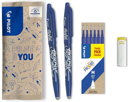 PILOT - 2 Frixion Ball + 1 set de 6 recharges + 1 gomme - Encre Gel Effaçable - Stylo Roller Rechargeable et Ergonomique - Bleu - Pointe moyenne