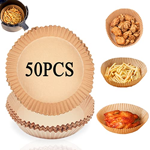 Hbitsae Einweg-Papiereinlagen für Luftfritteuse, antihaftbeschichtet, Einweg-Luftfritteusen, rund, Backpapier für Luftfritteuse, öldicht, wasserdicht, Mikrowelle (16 cm, 50 Stück) Cover
