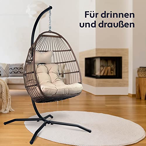 VITA5 Hängesessel mit Gestell - Bequemer Hängekorb Sessel - Rattan Hängesessel Outdoor und Indoor - Boho Egg Schaukel für Terrasse, Schlafzimmer & Leseecke - 150 kg Tragkraft (Cremeweiß) 6