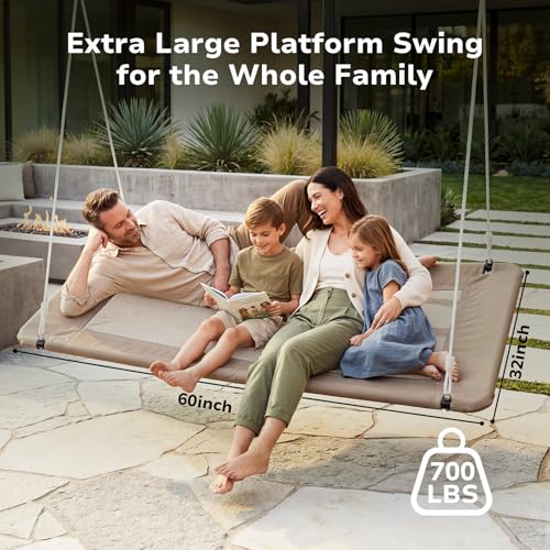 Image of Trekassy 60 inch Extra Large Rectangle Tree Swing - Heavy Duty 700lb Capacity, Waterproof Platform for Kids & Adults with Complete Installation Kit & 2 Tree Straps (Beige)