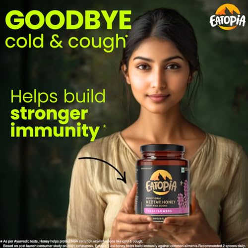 Image of Eatopia Tulsi Honey 1 kg | Natural Ayurvedic Immunity Booster | Helps in Curing Cough & Cold | No Refined Sugar | 100% Natural & Pure Honey | Rich in Antioxidants | Monofloral Nectar Honey from Wild Coorg | Pack of 2 with 500g Serving each