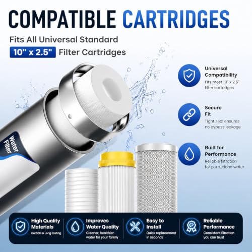 Image of Whole House Water Filter Housing, 304 Stainless Steel, Fits Standard 10 inch x 2.5 inch Sediment Filters, 3 /4 inch Brass Port Pre-Filter System for Well & City Water, Includes Wrench and 1 PP Sediment Filter