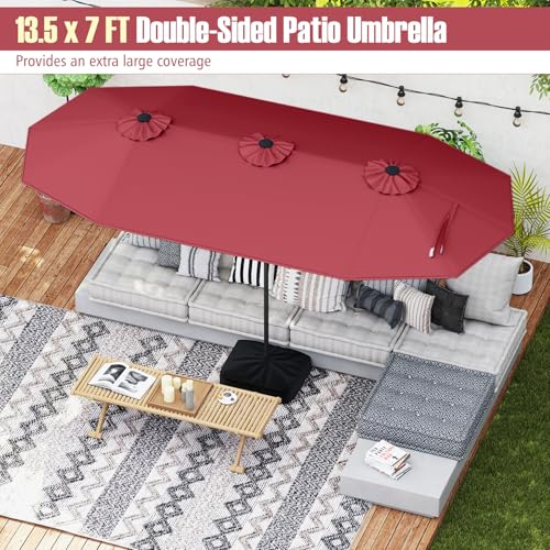 Image of Tangkula 13FT Double-sided Patio Umbrella, Extra Large Twin Table Umbrella with Crank Handle, Umbrella Base, Safety Lock, Air Vent, Outdoor Market Umbrella for Garden Pool Backyard (Burgundy)