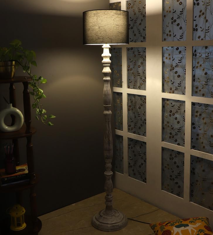 Image of tu casa Mango Wooden Floor Lamps with Black Shade for Home Decor, Bedrooms Corner, Living Room, Gifting, Diwali Decoration, Hall, Office, Study Room (Height: - 56 inch) - Bulb not Included