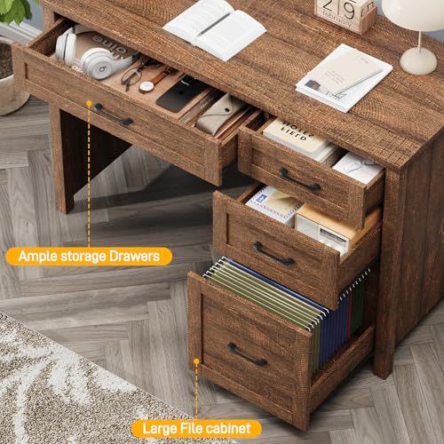 Image of Farmhouse 47 inch Executive Desk, Computer Desk with File Drawer and Charging Station, Workstation for Home Office, Study,Red-Brown
