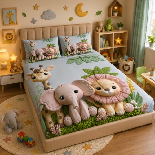 Image of DECORUM Premium Digital Kids Printed BEDSHEET (90 X 100) Inch with 2 King Size Pillow Covers - HIGH-Definition Design & Superior Comfort (Heavy Quality) BEDSHEET Pastel Jungle Friends