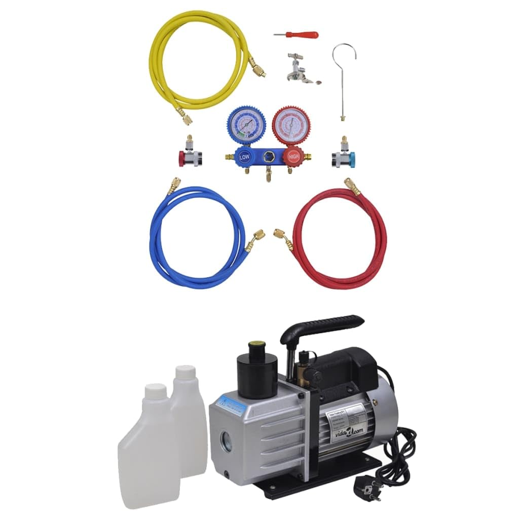 Vakuumpumpe 50 L/min 2 Wege Verteiler Manometer für Klimaanlagen Zubehör Set, Aluminiumgehäuse, 220 V Öl Schauglas, 3 Füllschläuche