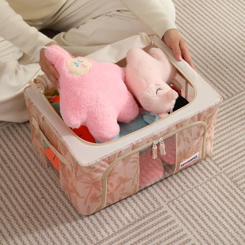 Image of HOKIPO 24L(S) Clothes Storage Box, 600D Oxford Fabric Organiser for Wardrobe, Beige Botanica Pack of 1 (AR-6484-BGE)