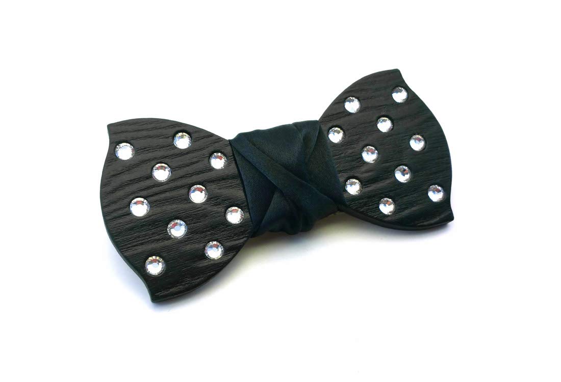 Papillon legno GIGETTO Strass Argento Nodo Raso Nero Made in Italy