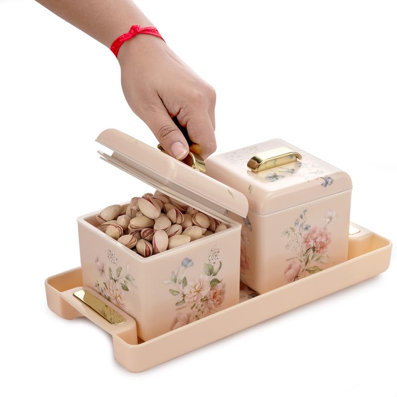 Image of Nayasa Miracle Dry Fruit, 2 pcs Container Serving Tray Set | 600 ML Each | Multipurpose Plastic Serving Set | Premium Design | BPA Free | Food Grade | Air-Tight Lid | Snack Organizer Tray | Beige