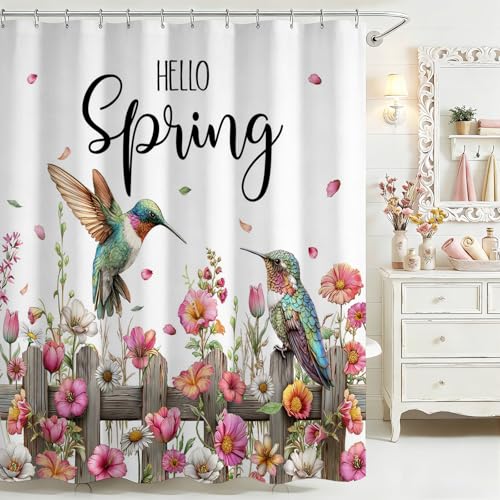 Mocsicka Spring Shower Curtain for Bathroom Hummingbird Pink Floral Shower Curtain for Spring Bathroom Decor Waterproof Farmhouse Bird Flowers Bath Curtain with 12 Hooks 72 X 72 Inch