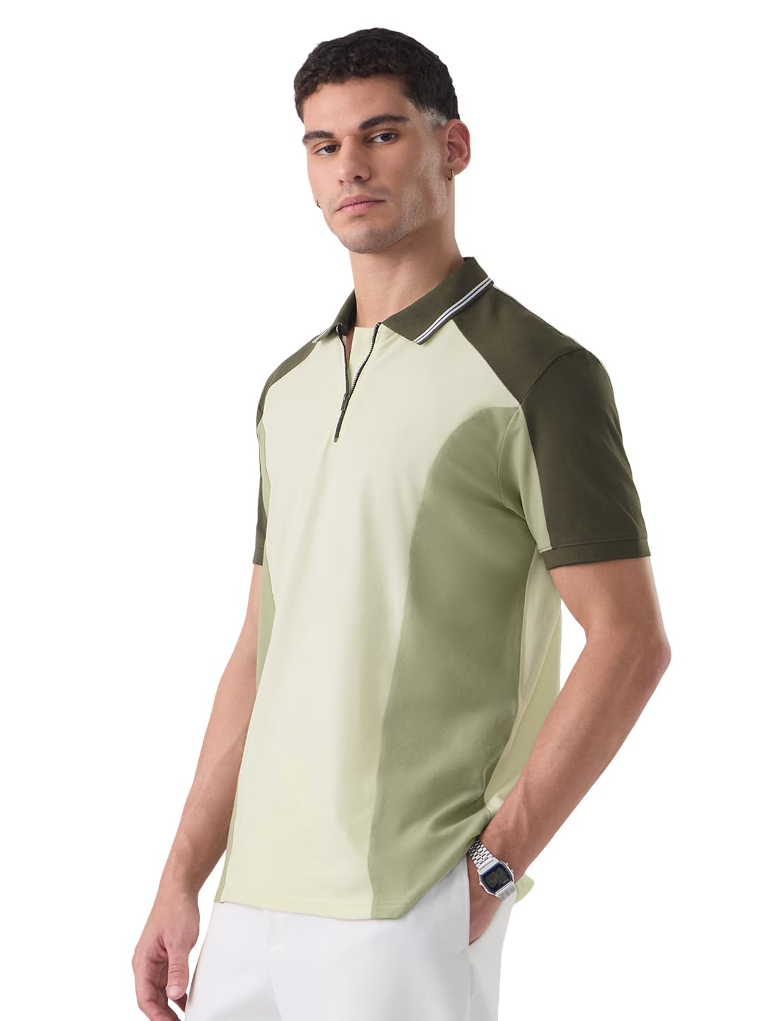 the souled store Matcha Men and Boys Short Sleeve Spread Collar Green and Olive Green Colour-Block Cotton Elastane Blend Regular Fit Lightweight Breathable Polos-picture-47
