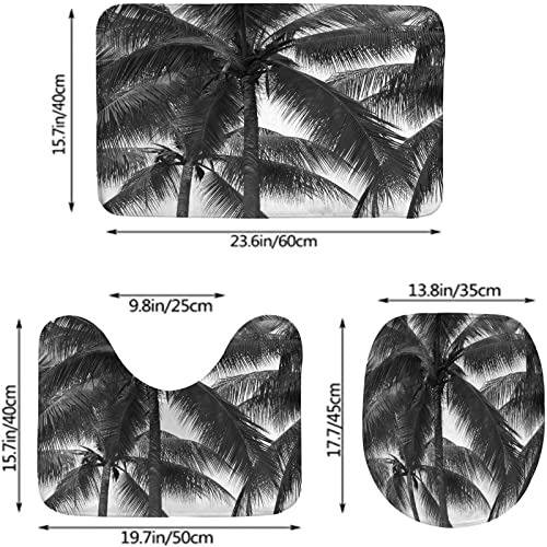 Badezimmerteppich-Set, 3-teilig, Grauer Kokospalmen-Tropendruck, waschbare Badeteppiche, rutschfest, mit Rückenpolster, Konturteppich und Toilettendeckelbezug – Bild 3