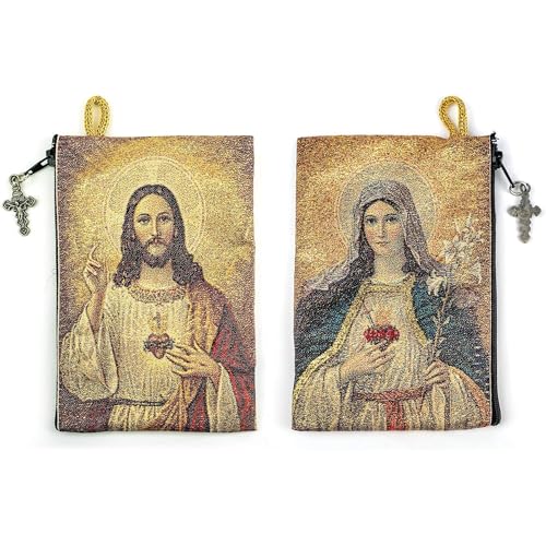 Image of Catholic Rosary Pouch, 4 inch x 6 inch Jewelry & Coin Purse with Cross, Small Woven Tapestry Icon Bag, Bolsa de Rosario Catolico para Joyeria, Sacred Heart of Jesus & Immaculate Heart of Mary, 4 inch x 6 inch