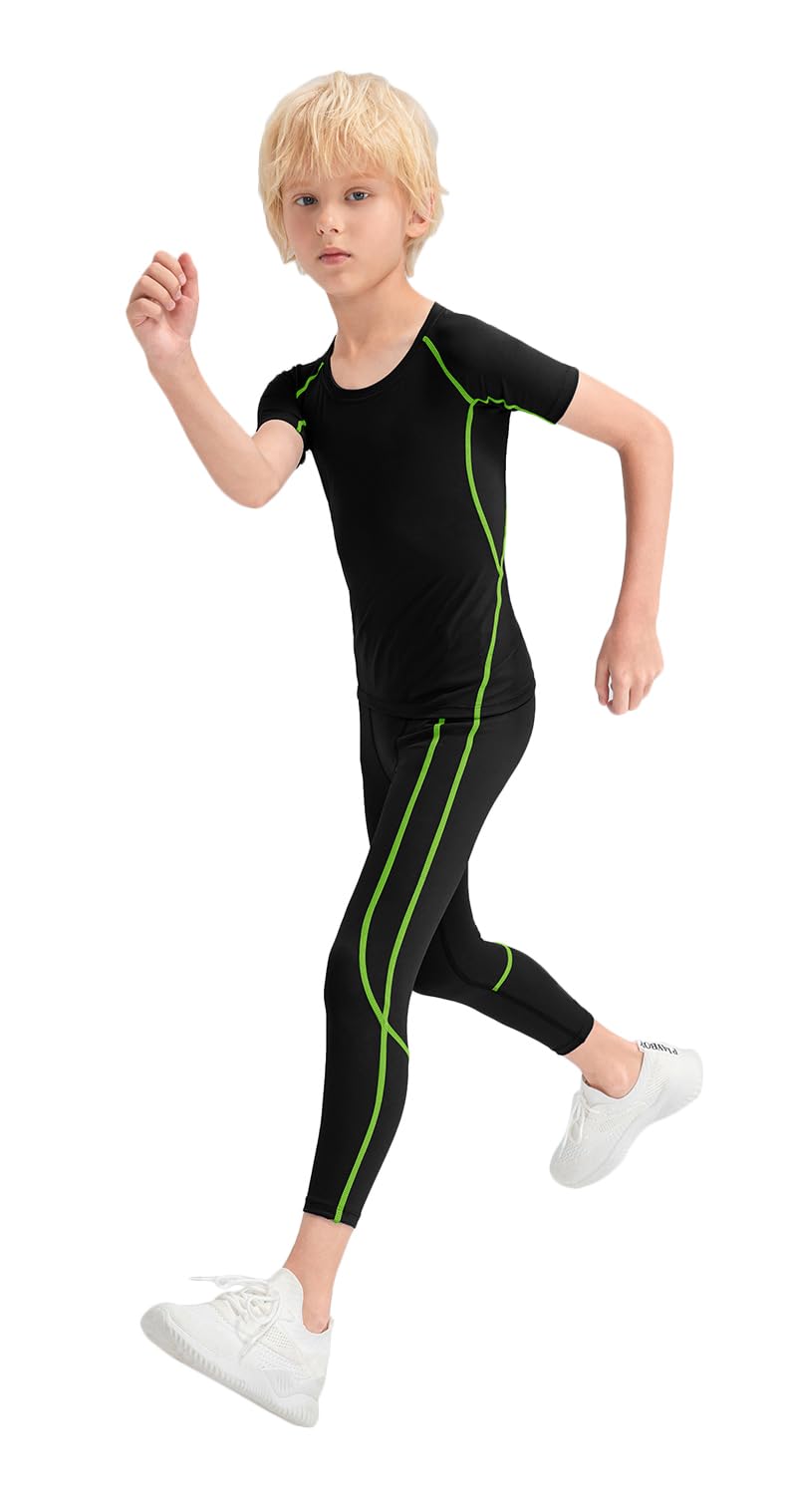Legging de Sport pour Enfant Garçon Doux Respirant Séchage Rapide Pantalon Longue de Yoga Taille Haute Fitness Extensible Base Layer Collant Anti-Frottements pour Jogging Danse Basket