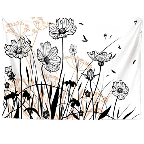 izielad Noir et Blanc Fleur Tapisserie Fleurs Sauvages Plante Tenture Floral Botanique Nature Tapisserie Décor pour Chambre Dortoir 180X230CM 70.8X90.5IN Cover