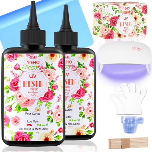YIEHO Resina UV 200g Kit Lámparas, Resina UV Transparente Ultravioleta Epóxido Artes y oficios Principiantes en la Creación de Joyas con Almohadilla de Silicona