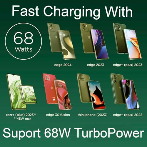 Image of Motorola 68W Turbo Charger with 3.3 Ft Type C Cable for Motorola Edge 30 /30 Fusion /30 Pro /40 /40 Neo /G40 Fusion /50 /50 Ultra /50 Pro /50 Neo /50 Fusion /Moto G82 /G84 /G45 & Other USB C 68Watt Adapter, Black