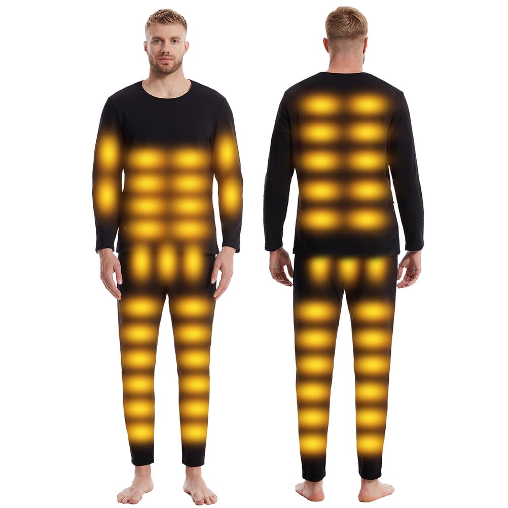 Gueploer Men's Black Heated Underwears, Electric Thermal Base Layer Shirt Pants 52 Zones Heating Long Johns Set For Hunting,,Xl