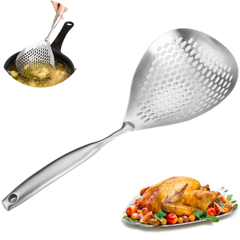 Skimmer Slotted Spoon, Spider Strainer Ladle with Big Draining Holes for Deep Frying and Cooking, Stainless Steel Pasta Strainer Utensils for Thanksgiving, spider skimmers for cooking