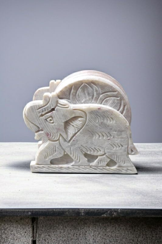 Handcrafted Elephant Design Marble Coasters with Holder | Soapstone Coaster for Tea Coffee Drinks and Mugs | Decorative Coasters Set for Dining Table Kitchen or Cocktail Parties-image-22