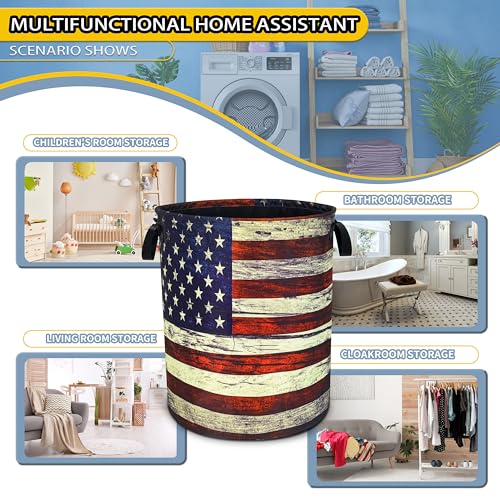 Image of Retro American Flag Laundry Basket Foldable Waterproof Hamper 18.9x16.5 In | Oxford Cloth With Reinforced Handles Lining Design Large-Capacity Storage For Bathrooms /Laundry Rooms / Living Rooms /Bedrooms