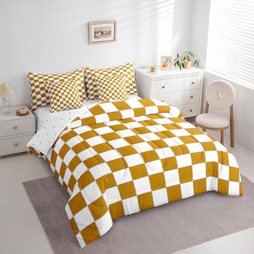 Image of Erosebridal White Yellow Checkered Twin Bedding Set 7 Piece Buffalo Plaid Grid Comforter Set with Sheets for Kids Teen Adults Checkerboard Bed in A Bag Aesthetics Geometric Gingham Bed Set
