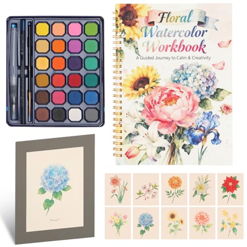 Floral Watercolor Painting Kit for Adults & Beginners with 24 Paints, 3 Brushes,Watercolor Workbook & photo album | 12 Original DIY Patterns, Step-by-Step Tutorials | Beginner-Friendly Creative Gift