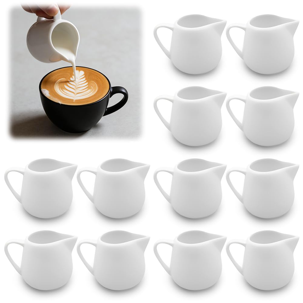 12 Pcs Small Milk Jug, 100ml Small Gravy Jug, Ceramic Mini Milk Jug with Handle for Coffee Gravy Cream Jam Milk for Coffee Bars Hotels Buffets, White