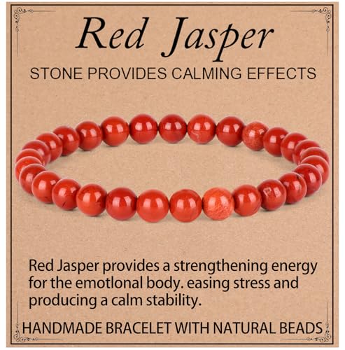 QOGIR Red Jasper Bracelet - Stone of Calmness Bracelet for Men Women - Handmade Natural Gem Stone Beaded Stretch Elastic Healing Bracelets 6mm